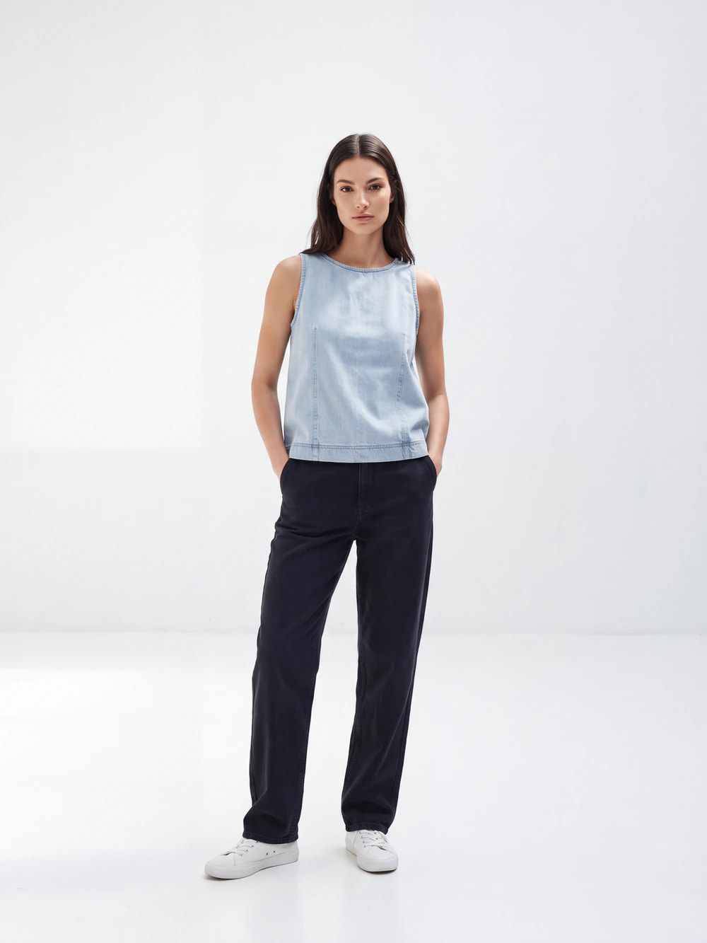On-model product photograph of a denim top, generated by Nokkh from flat product images